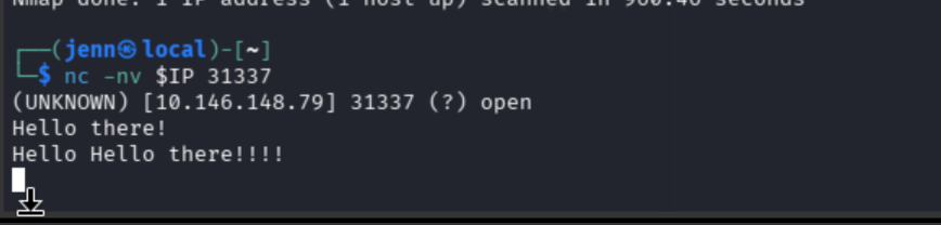 Netcat session on port 31337, service responds Hello [name]!!!